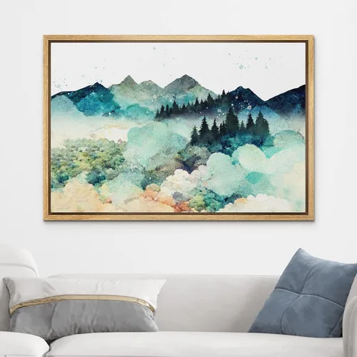 Vista 3 de wall26 Lienzo enmarcado para pared, acuarela, cordillera, bosque, naturaleza, ilustraciones de área silvestre, arte moderno, decorativo, casa