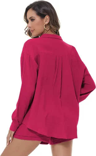Vista 4 de ELLENWELL Conjunto de 2 piezas para mujer, chándal de manga larga con botones y pantalones cortos