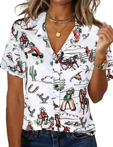 Vista 28 de LILYCHIC Camisas hawaianas de verano con botones de coco para mujer, camisas suaves con botones de manga corta A-hoja floral negra