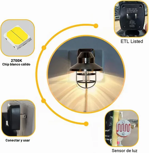 Vista 5 de Luz nocturna LED vintage enchufable a la pared con sensor de atardecer a amanecer, 2700 K, paquete de 2