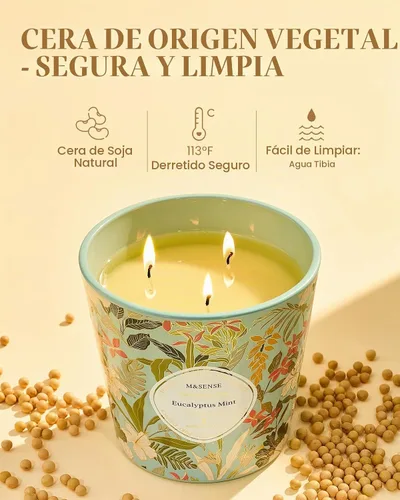 Vista 4 de M&SENSE Vela Perfumada de Eucalipto y Menta, 28.2oz Velas Grandes de Cera de Soja Natural de 3 Mechas, Larga Duración Combustión Limpia y Lenta Sin