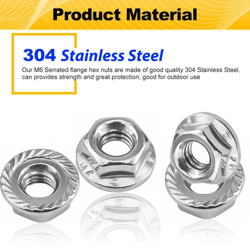 Vista 4 de Paquete de 55 tuercas hexagonales de brida dentada M6, tuercas de brida hexagonales M6-1mm, acero inoxidable 304, sujetadores de tuercas métricas