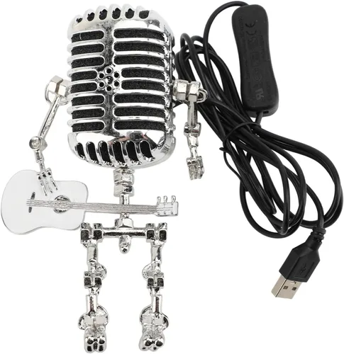 Vista 11 de Ymiko Lámpara de mesa con forma de micrófono de estilo retro con diseño de guitarra y robot, luz nocturna de escritorio de metal de aluminio