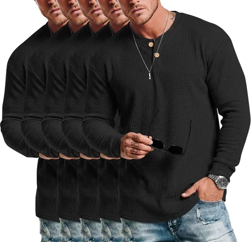 Vista 7 de Ficerd Paquete de 5 camisas de manga larga para hombre Waffle Henley