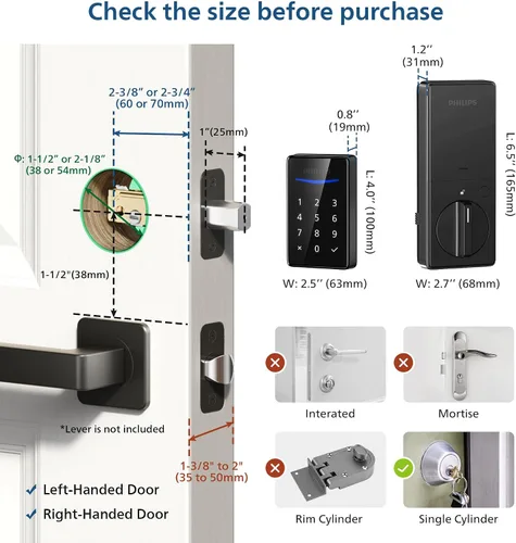 Vista 6 de Philips Cerradura de puerta de entrada sin llave, genera código único de forma remota no conectada, cerradura de cerrojo independiente con teclado