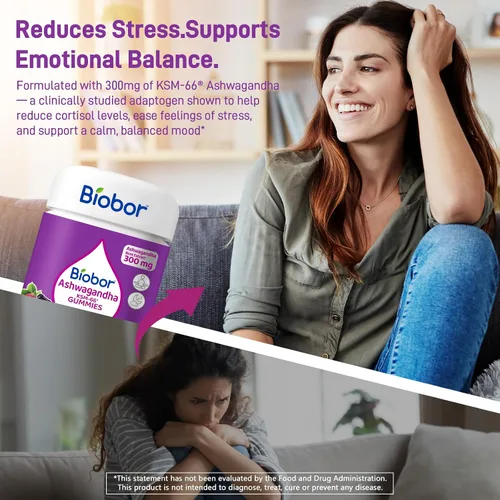 Vista 5 de Biobor Gomitas Ashwagandha, extracto de raíz de Ashwagandha KSM-66 con vitamina D3, apoyo de relajación y apoyo inmunológico para adultos, sin OMG