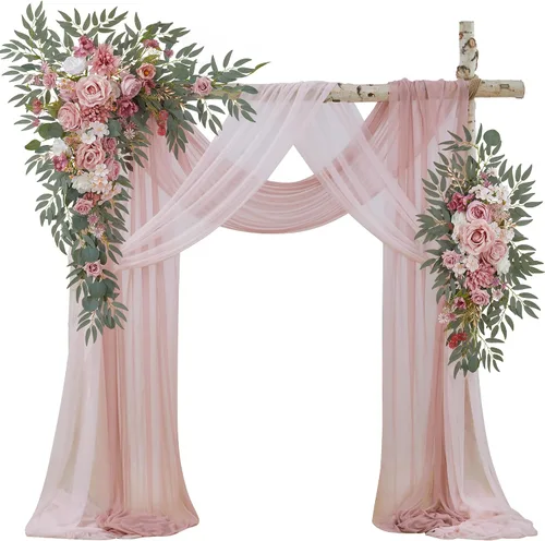Vista 10 de Kit de flores para arco de boda con cortinas (paquete de 4) – 2 guirnaldas artificiales beige de lujo con 2 cortinas transparentes para ceremonia