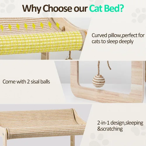 Vista 3 de Sisal - Cama rascador para gatos de interior, hamaca para almohadilla de rascar, silla elevada de sisal 2 en 1 para gatos con 2 bolas de juguetes