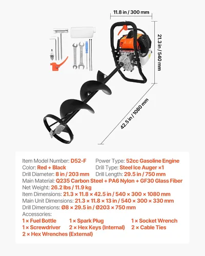 Vista 7 de VEVOR 52CC Gas Powered Ice Auger for Ice Fishing 8" Diameter