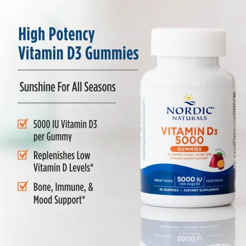 Vista 3 de Nordic Naturals Gomitas de vitamina D3 5000, maracuyá - 30 gomitas - Apoyo para huesos saludables, estado de ánimo y sistema inmunológico