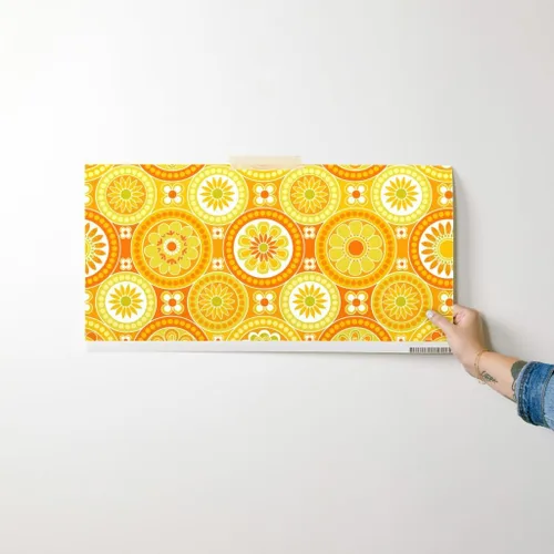 Vista 7 de Papel tapiz para despegar y pegar, azulejos circulares, flores amarillas, retro, naranja, geométrico, de los años 70, 60, vintage, extraíble, por