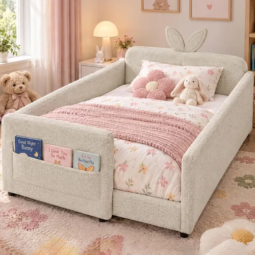 Vista 17 de Cama de suelo tapizada de tamaño matrimonial con valla y bolsillos, cama de Cama de suelo tapizada de tamaño matrimonial con listones y cabecero