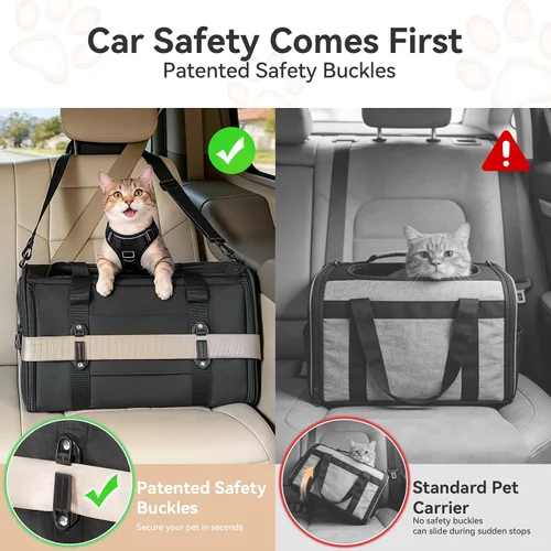 Vista 2 de PETSFIT Transportador de gatos de lados suaves con hebillas de seguridad patentadas, cremalleras bloqueables y correa de seguridad, transportador