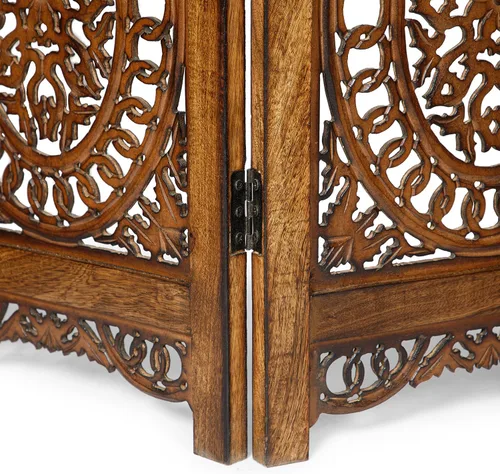 Vista 5 de Lightnpro - Divisor plegable con bisagras de madera con diseño de corazón de madera, 4 paneles con diseños intrincadamente tallados, premontado