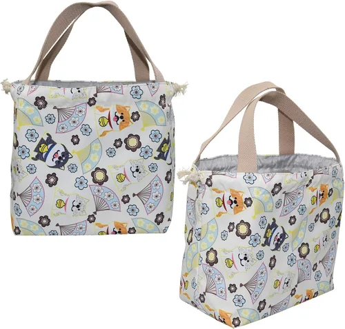 Vista 3 de Mini bolsa de almuerzo reutilizable pequeña linda bolsa de almuerzo con cordón adecuado para niñas, mujeres, perros, beige