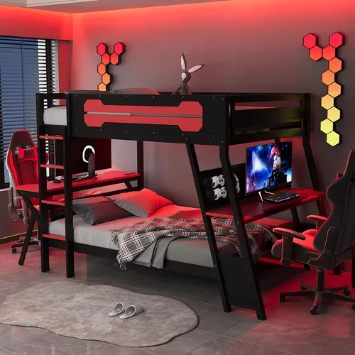 Vista 20 de Cama tipo loft en forma de L tamaño matrimonial e individual con 2 escritorios, tablero de clavijas y cajones de almacenamiento, marco de cama
