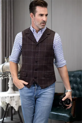 Vista 5 de Chaleco de traje a cuadros casual para hombre, chaleco de tweed ajustado para padrinos de boda