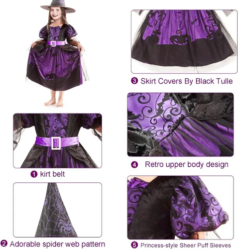 Vista 4 de XIFEINIU Disfraz de bruja de Halloween, conjunto de lujo, vestido morado para niñas