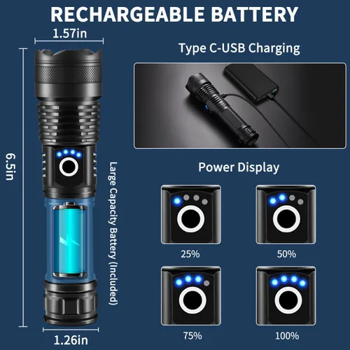 Vista 4 de LNRYY Linternas recargables de alto lúmenes, paquete de 2 linternas recargables, linterna súper brillante, linternas tácticas de 5 modos de alto