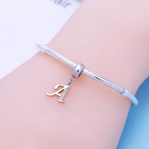 Vista 4 de ABUN Abalorio de plata de ley 925 con letra A a la Z, espaciador de inicial, con circonita cúbica transparete colgante, auténtica, para pulseras