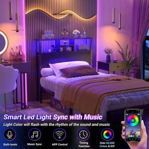 Vista 5 de Cabecero Aheaplus para Cama Individual con Almacenamiento, Cabeceros con Enchufes, Puertos USB y Luz LED, Cabecero Individual Solo, Altura
