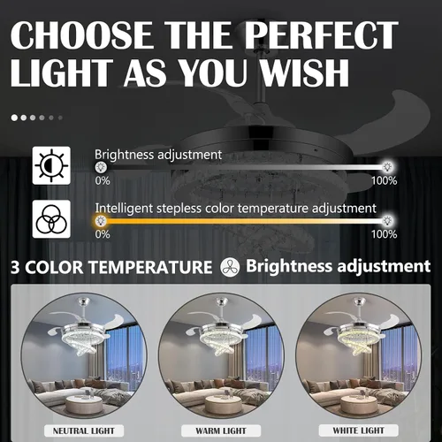 Vista 10 de Ventilador de techo de 42" de cristal con luces, ventilador de araña de cristal moderno DIY con control remoto, ventilador de techo retráctil