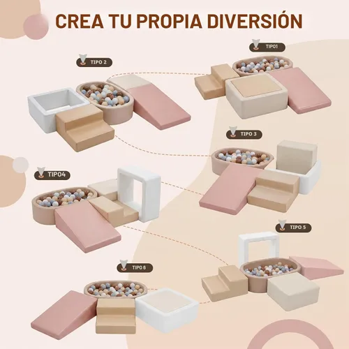 Vista 4 de JungleDove Juego de bloques de escalada de espuma suave para niños pequeños – 5 piezas ovaladas de bolas y estructura de juego con cuero crema