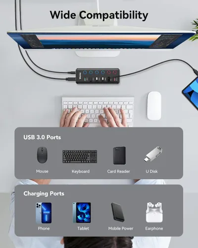 Vista 7 de Wenter Hub USB 3.0 de 6 puertos USB 3.0 (4 puertos de datos USB 3.0 + 2 puertos de carga rápida QC 3.0) con interruptores LED individuales