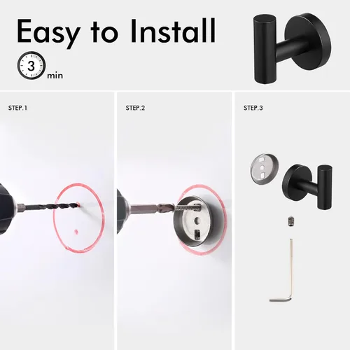 Vista 4 de KES Gancho para toallas de baño, gancho para bata, ducha, cocina, ganchos para colgar en la pared, montaje en pared, acero inoxidable SUS 304, negro