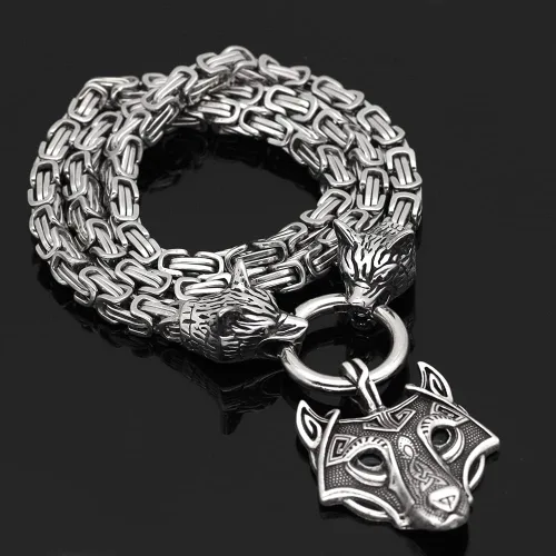 Vista 5 de Collar con colgante de lobo vikingo, cadena de rey bizantino para hombre, cadena de repuesto de 3.9in, amuleto de fenrir de acero de titanio sólido