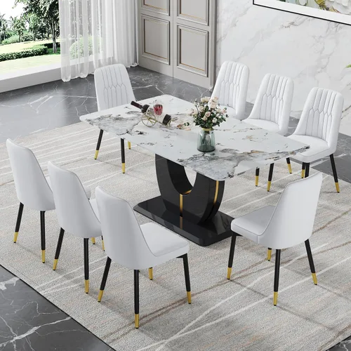 Vista 35 de JUFU Juego de mesa de comedor moderno para 4, juego de mesa de cocina rectangular de 63 pulgadas con mesa de mármol sintético y 4 sillas tapizadas