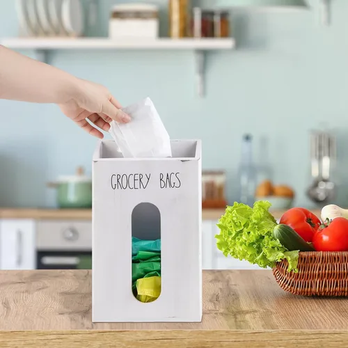 Vista 4 de Soporte para bolsas de comestibles de granja para cocina, soporte de bolsa de plástico de madera para reciclar bolsas de plástico, dispensador