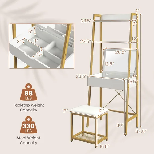 Vista 7 de COSTWAY Juego de escritorio con espejo abatible, mesa de tocador con escalera y taburete acolchado con 4 compartimentos de almacenamiento, pequeño