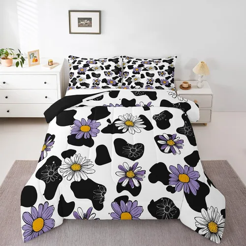 Vista 12 de Juego de edredón con estampado de vaca marrón para niñas y niños, edredón de plumón de piel de vaca de las tierras altas, ropa de cama de piel