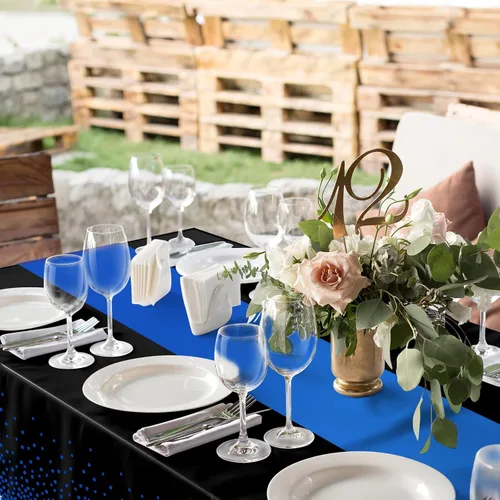 Vista 5 de MASHAN 1 mantel negro y azul para decoración de fiesta, mantel de plástico negro impreso azul, funda rectangular desechable para cumpleaños, boda