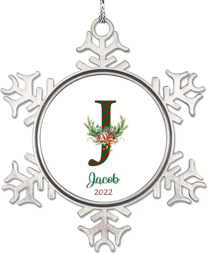 Vista 16 de Monograma inicial letra A copo de nieve, adorno de bayas de pino de Navidad para decoración de árbol de Navidad, adornos de Navidad personalizados