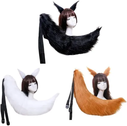 Vista 3 de Angela0123 - Accesorio de cosplay de anime para adultos con orejas de lobo de felpa esponjosa para el cabello color sólido cola de animal larga 1