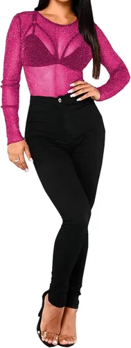 Vista 4 de BelleLovin Blusas de malla transparente de manga larga con purpurina para mujer, blusas transparentes