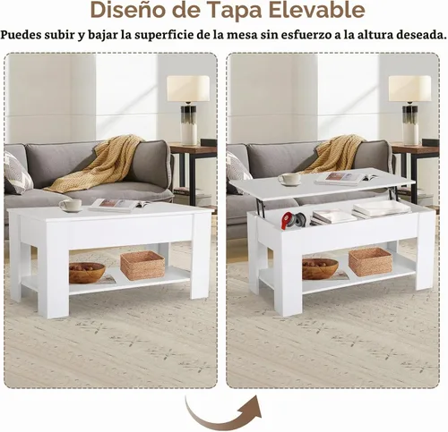 Vista 3 de Mesa auxiliar moderna, blanca, elevadora, madera, estante de almacenamiento, 28 x 28 x 24 pulgadas