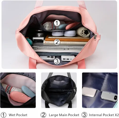 Vista 5 de Rhewatin Bolsa de gimnasio expandible para mujer, bolsa de fin de semana plegable con bolsillo húmedo, bolsa de noche para viajes, gimnasio, yoga
