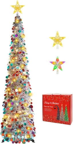 Vista 12 de MACTING Árbol de Navidad desplegable con 50 luces LED con temporizador, 5 pies, árbol de lápiz de oropel plegable de fácil montaje, árbol artificial
