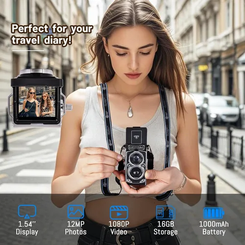 Vista 4 de Redcomets Mini cámara digital retro – Estilo vintage TLR apuntar y disparar cámara de vlogging de enfoque automático, compacta y portátil, tarjeta