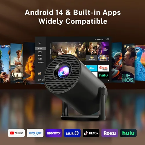 Vista 2 de Mini proyector con WiFi 6 y Bluetooth 5.4 Keystone vertical automático integrado Android 14 OS, 1080P 4K compatible con proyector giratorio portátil