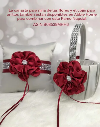 Vista 6 de Abbie Home Ramo de novia de lujo, ramo de broche de rosa rosa burdeos decorado con perlas y accesorios de joyería de diamantes de imitación