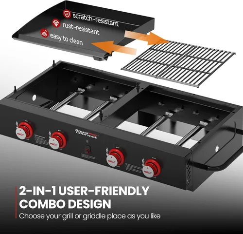 Vista 5 de Royal Gourmet GD4002T Combo de Parrilla y Plancha Tailgater de 4 Quemadores, Parrilla Portátil de Gas Propano de Superficie Plana con Salida