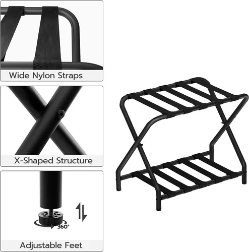 Vista 6 de HOOBRO Portaequipajes, soporte plegable para maleta con estante de almacenamiento de tela para habitación de invitados, dormitorio, hotel, soporta