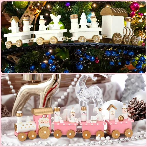 Vista 6 de Syhood 4 piezas de tren de madera rosa de Navidad mini decoración de tren pintado alrededor del árbol para niños, adorno de escritorio de madera