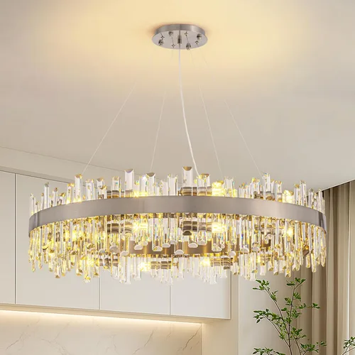Vista 21 de Siljoy - Candelabro de cristal moderno, 12 luces, lujoso, redondo, de 2 niveles, con cristal K9 en forma de gota de lluvia, lámpara colgante de Oro