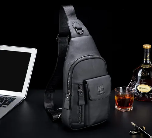 Vista 4 de BULLCAPTAIN Bolso cruzado de cuero genuino para hombre, bolso cruzado de viaje, casual, con múltiples bolsillos, para senderismo, mochilas