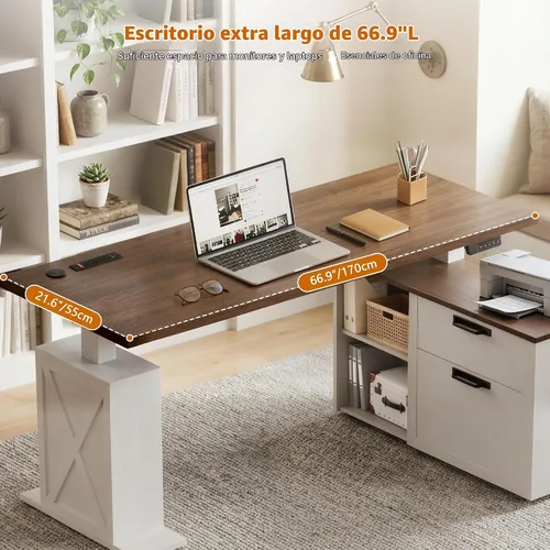 Vista 3 de Escritorio de pie en forma de L de 67 pulgadas con cajones Blanco